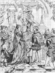 Sňatek Marie de Medicis (1576-1642) v zastoupení s Jindřichem IV ve Florencii, 5. října 1600. Rytina Pierre Paul (Pierre-Paul) Rubens (nebo Peter Paul nebo Petrus Paulus) (1577-1640).