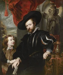 ""Portrét malíře Petera Paula Rubense (1577-1640) a jeho syna Alberta" (Portrét Petera Paula Rubense se synem Albertem) Obraz ze školy Petera Paula Rubense 17. století Olej na plátně - Rubenshuis Antverpy