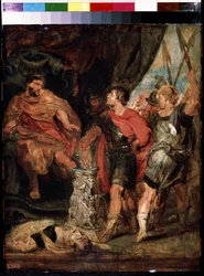 Mucius Scaevola devant Porsenna (Mucius Scaevola před Porsennou). Caius Mucius Scaevola, mladý patricijské římské zachycení par la garde royale de Porsenna (Porsinna, Porsena)