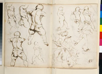 Zadní pohled na římský mramor Chlapec s husou ve ztracené "kreslířské knize" dochované v Chatsworthském archivu, fol. 64v-65r (perem a tuší na papíře)