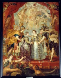 Výměna dvou princezen Francie a Španělska na řece Bidassoa v Hendaye, 11.9.1615 Alegorické znázornění sňatku mezi Annou Rakouskou a Ludvíkem XIII. na straně jedné, mezi Isabellou Francouzskou (1602-1644) a Filipem IV. na druhé straně