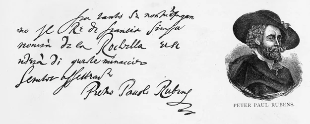 Rubensův rukopis a podpis z dopisu v italštině o porážce anglického námořnictva při obléhání La Rochelle, napsaného z Antverp 30. prosince 1627