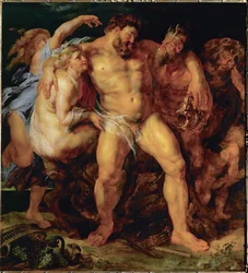 Opilý Herkules vedený nymfou a satyrem, asi 1612-14 (malba na dubovém dřevě)