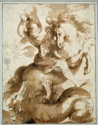 Svatý Jiří zabíjející draka. Kresba Pierre Paul (Pierre-Paul) Rubens (nebo Peter Paul nebo Petrus Paulus) (1577-1640) Ec. Podvod.