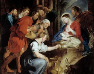 Detail Klanění pastýřů. Obraz Pierre Paul (Pierre-Paul) Rubens (nebo Peter Paul nebo Petrus Paulus) (1577-1640) 17. století Sun. 3,4x2,48 m Rouen, Musee des Beaux Arts