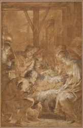 The Adoration of the Shepherds, c.1613-4 (pero a hnědý inkoust s hnědým praním a bílým kvašem)
