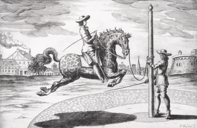 A Horse en Capriole z New Treatise for Breeding Horses napsaný Wintersem, Stutereyem a Reit-Schulem, vyryto umělcem, hospoda. 1672 rytina
