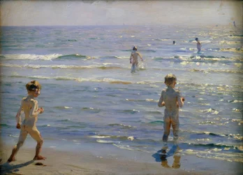 Koupající se chlapci. Sluneční svit. Skagen
