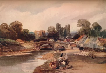 Vesnice na řece, s mostem a ruinami, c1824