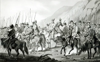 Různé kmeny ruských kozáků v pochodovém řádu, 1813