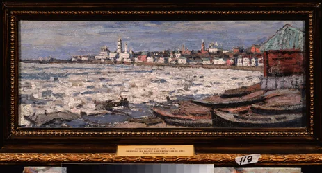 Ledový drift na Volze, poblíž Jaroslavli (Rusko). Dílo Pyotr Ivanovič Petrovičev (Piotr Petrovičev) (1874-1947), olej na kartonu