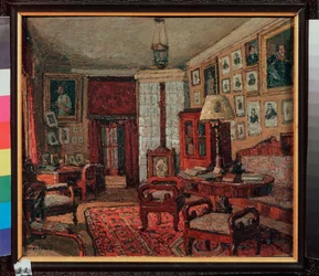 Čítárna v domě E. Boratynského (Evgueni Baratynski) (1800-1844). Obraz Pyotr Ivanovič Petrovičev (Pyotr Petrovičev) (1874-1947), olej na plátně