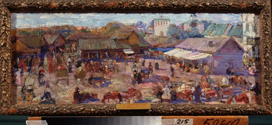 Trh v Pskově (Rusko). Dílo Pyotr Ivanovič Petrovičev (Piotr Petrovičev) (1874-1947), olej na kartonu