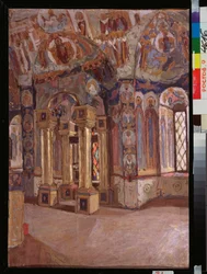 Interiér kostela svatého Jana Evangelisty v Rostově (Rusko). Dílo Pyotr Ivanovič Petrovičev (Piotr Petrovičev) (1874-1947), olej na kartonu
