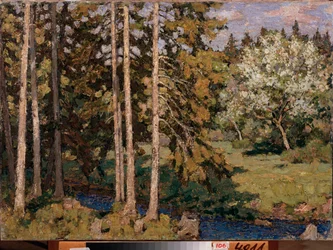 Jabloně v květnu. Obraz Petr Ivanovič Petrovičev (Pyotr Petrovičev) (1874-1947), olej na plátně. Ruské umění, krajina 20. století, modernismus. Oblastní umělecká galerie, Čeljabinsk (Rusko).