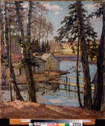 Jaro. U rybníka. Obraz Pyotr Ivanovič Petrovičev (Pyotr Petrovičev) (1874-1947), olej na plátně