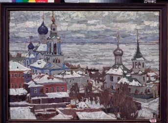 Rostov (Rusko) v zimě. Dílo Pjotra Ivanoviče Petrovičeva (Piotr Petrovičev) (1874-1947), kvaš a tempera na kartonu