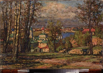 Pohled na Moskvu z Vorobievy Gori (Vrabčí hory) (na pravém břehu Moscovy). Obraz Pyotr Ivanovič Petrovičev (Pyotr Petrovičev) (1874-1947), olej na plátně