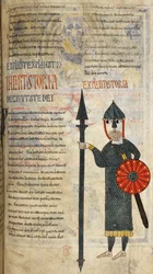 Vizigótský voják oblečený v řetězu po kolena a v legínách, ilustrace z 