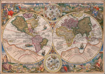 Mapa světa s dvojitou polokoulí od Petra Plancia z roku 1594