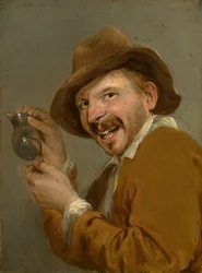 Chuť: Smějící se muž s obrácenou sklenicí. Ze série Personifications of the Five Senses, c.1635-66 (olej na dřevě)