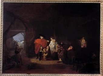 Lidský rys Ludvíka XVI.: zima 1784 král dává almón obyvatelům Versailles Obraz Louise Philiberta Debucourt (1755-1832) 1785 Ne. 0,61x0,83 m