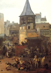 Rejouissance udělené městem Paris aux Halles dne 21. 1. 1782 u příležitosti narození dauphina Ludvíka Josefa Francouzského (1781-1789) Detail. Obraz Louise Philiberta Debucourta (1755-1832) 1782 Ne. 0,89x1,16 m Paříž, Musee Carnavalet