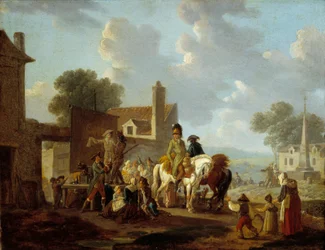 Vesničané a jezdci sledující divadelní představení pantomimy v ulicích vesnice. Obraz Louise Philiberta Debucourta (1755-1832) 18. století Sun. 0,24x0,31 m