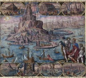 Znázornění sedmi divů starověku: Alexandrijský maják (na ostrově Pharos) v Alexandrii, Egypt - Maják v Alexandrii (ze série "Osmé divy světa") po Maarten van Heemskerck - Galle, Philip ( 1537-16