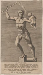 Deska 1: Saturn, socha nahého boha stojícího na soklu, v pravici třímající kosu..., 1586.