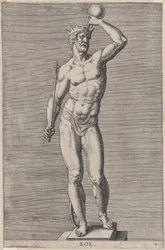 Deska 4: Apollo, socha nahého boha stojícího na soklu s korunou a držícího..., 1586.