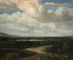 Panoramatická krajina s venkovským statkem, ca. 1649.