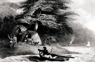Fuegian Wigwams v Hope Harbourin Magdalen Channel, rytý S. Bull, 1838