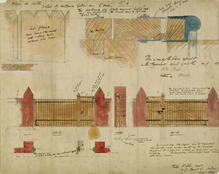 Plány a pohledy na The Red House, Bexley Heath, 1859 (pero, inkoust a wc na papíře)