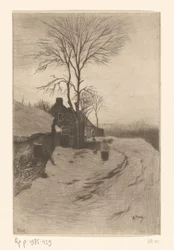 Farmy podél silnice s holými stromy Hiver (původní název)