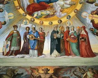 Dante a Beatrice mluví k učitelům moudrosti z „Nebes blažených a říše“, Dante Room (freska)