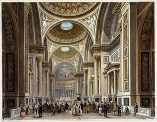 Interiér kostela Madeleine - v "" Promenade dans Paris et ses environs ", kresby Jacottet a Benoist, ed. Gihaut Frères