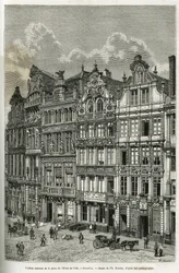 Staré domy na náměstí radnice v Bruselu. Rytina Ph. Benoista k ilustraci příběhu Belgie od Camille Lemonnier, publikovaná v tour du monde, pod vedením Edouarda Chartona (1807-1890), Paříž