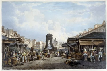 Procházka kolem fontány nevinných, ca. 1840 - v "" Promenade dans Paris et ses environs ", ill. od Jacottet a Benoist, Paříž, v.1840