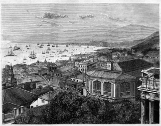 Pohled na Hong Kong Bay. Rytina podle kresby od Benoista v „“ Le Tour du Monde, Nouveau journal des Voyages“, editoval Edouard Charton, Paříž