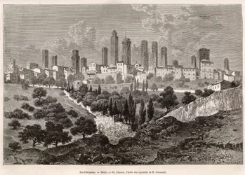 Pohled na San Gimignano (Toskánsko, Itálie). Rytina podle kresby Ph. Benoista pro ilustraci plavby do Toskánska a Umbrie od Francise Weye v roce 1875, publikovaná v „“Le tour du monde““ 1876, editoval Edouard Charton, vydání Hachette, Paříž. Selva