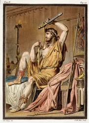 Agamemnón, kostým pro „Ifigenii v Aulidě“ od Jeana Racina, ze svazku II „Výzkumu kostýmů a divadla všech národů“, vyryl Pierre Michel Alix (1762-1817), 1802