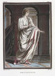 Britannicus, kostým pro „Britannika“ od Jeana Racina, ze svazku II „Výzkumu kostýmů a divadla všech národů“, vyryl Pierre Michel Alix (1762-1817), 1802