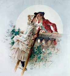 Něžný polibek. Galantní scéna zobrazující pár líbající se v měsíčním světle. Litografie od Philippa Jacquese Lindera (1835-?). 19. století. Soukromá sbírka