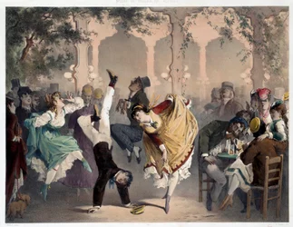 Mřížka má populární zábavu Bullier Scene. Litografie Philippe Jacques Linder (1835-?). Série Muzeum mravů a ​​činů. Muzeum Carnavalet, Paříž