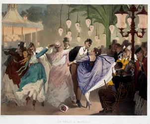 Taneční scéna waltz in Mabille v Mabille v roce 1867. Litografie Philippe Jacques Linder (1835-?). Série Muzeum mravů a ​​činů. Muzeum Carnavalet, Paříž