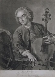 Portrét Johna Hebdena (fl.1740-60), violoncellisty v Händelově orchestru, vyryl John Faber (1684-1756), 1741