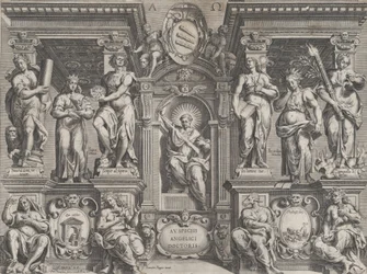 Alegorický tisk tezí s různými postavami, zasazený do architektonické struktury, 1608.