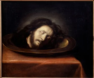 Hlava Saint Jean Baptiste umístěna na bytě Obraz školy Philippe de Champaigne (1602-1674) 17. století. Magny les Hameaux, Musee de Port Royal des Champs - Hlava svatého Jana Křtitele umístěná na podnose. Malba ve škole Filipa