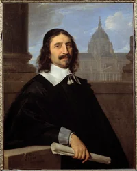 Portrét architekta Jacquese Lemerciera (1585-1654) před kaplí Sorbonny Obraz od Philippa de Champaigne (1602-1674) (ec.flam.) 17. stol. 0,97x0,75m - - Portrét architekta Jacquese Lemerciera (1585-1654), před t.